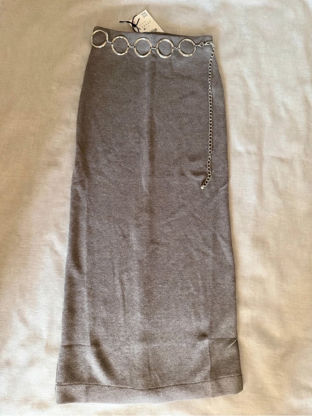 Zara Gray Maxi Knit Skirt with Silver Ring Chain